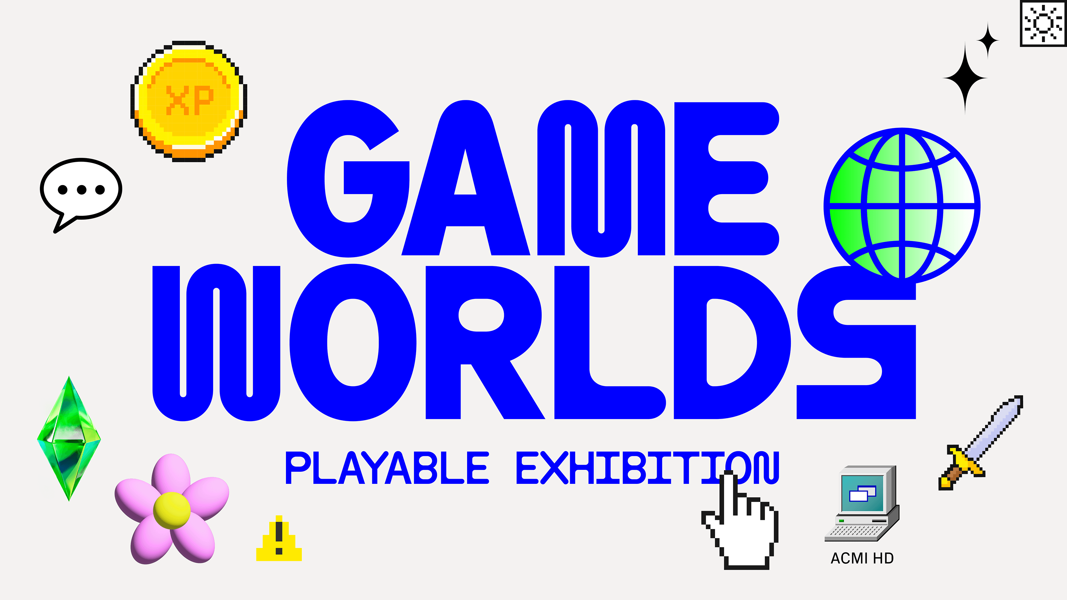 Game Worlds: Playable Exhibition key art, surrounded by pixel icons