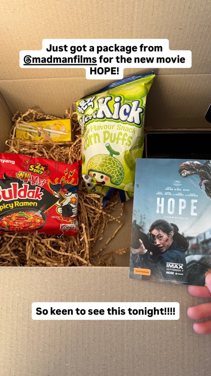 Jackson Field shares the HOPE gift pack of Korean snacks and a cinema invitation