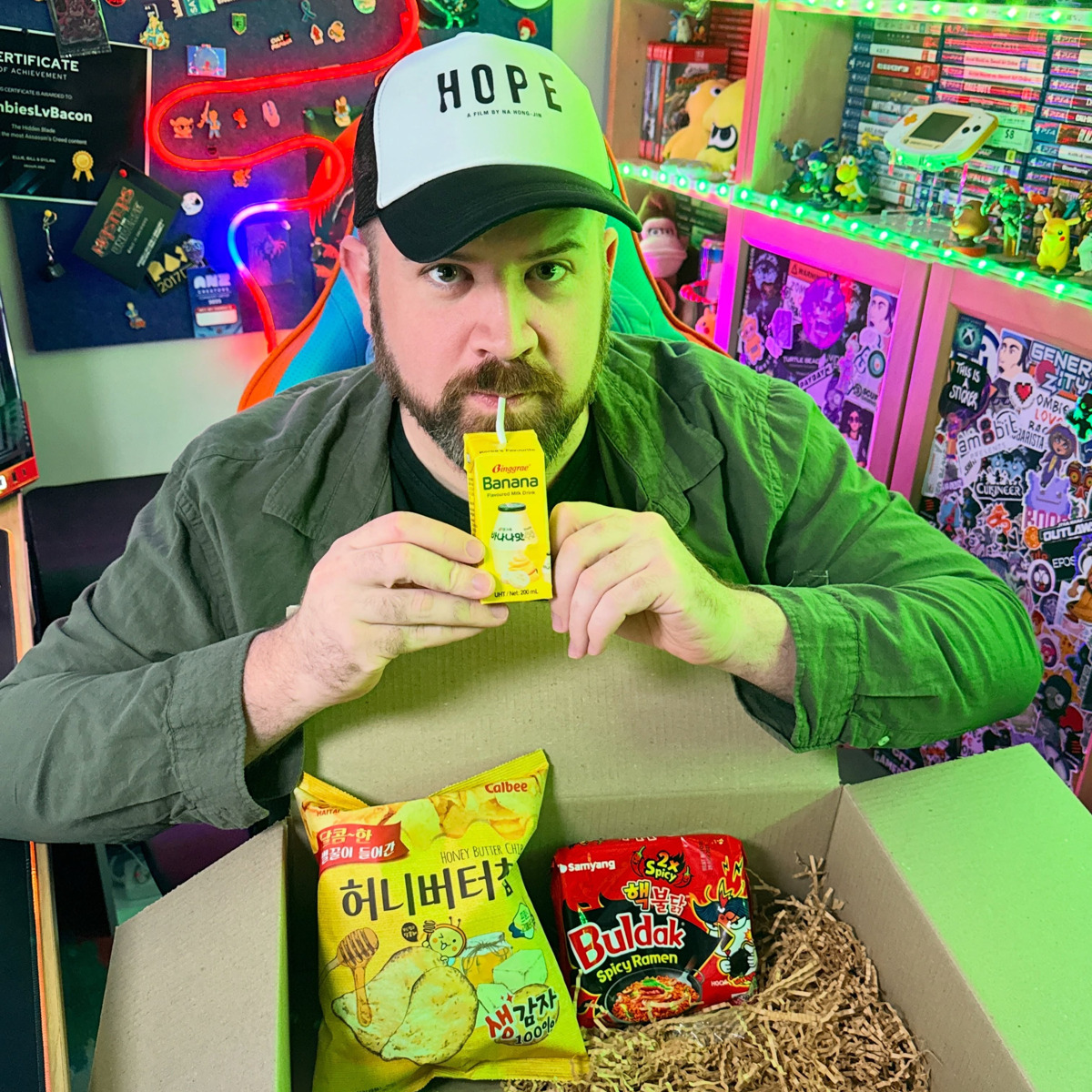 Zombies Love Bacon with the HOPE cap and Korean snacks from the gift pack